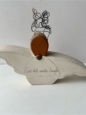 Vintage Folk Art Wooden Angel Figurine "God Still Sends Angels" Rustic Decor